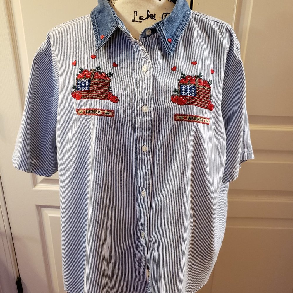 Capistrano Button-Down Blouse Americana USA Patriotic Plus Size 26